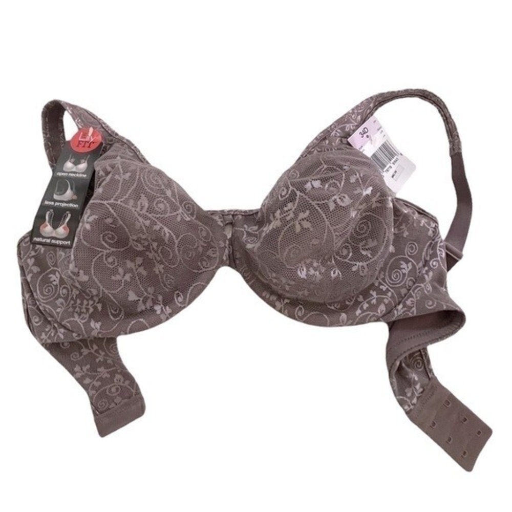 HANES The Lily Fit Mocha Lace Bra 34D Natural Support Comfortable Underwire NWT